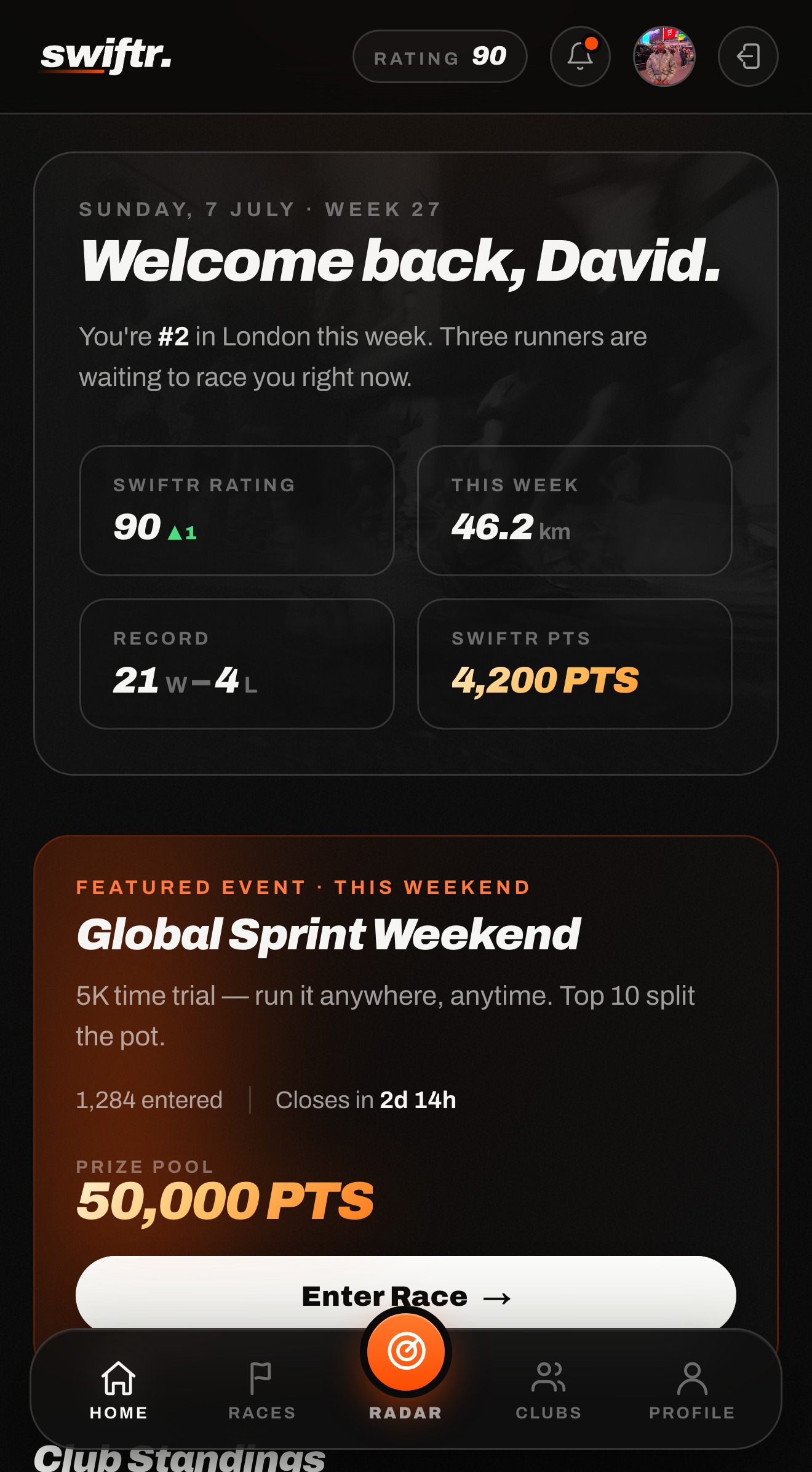 Swiftr home screen showing your rating, weekly distance, record and winnings