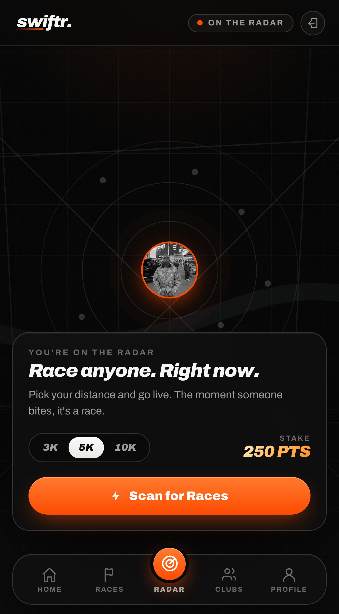 Swiftr radar screen scanning for races around London