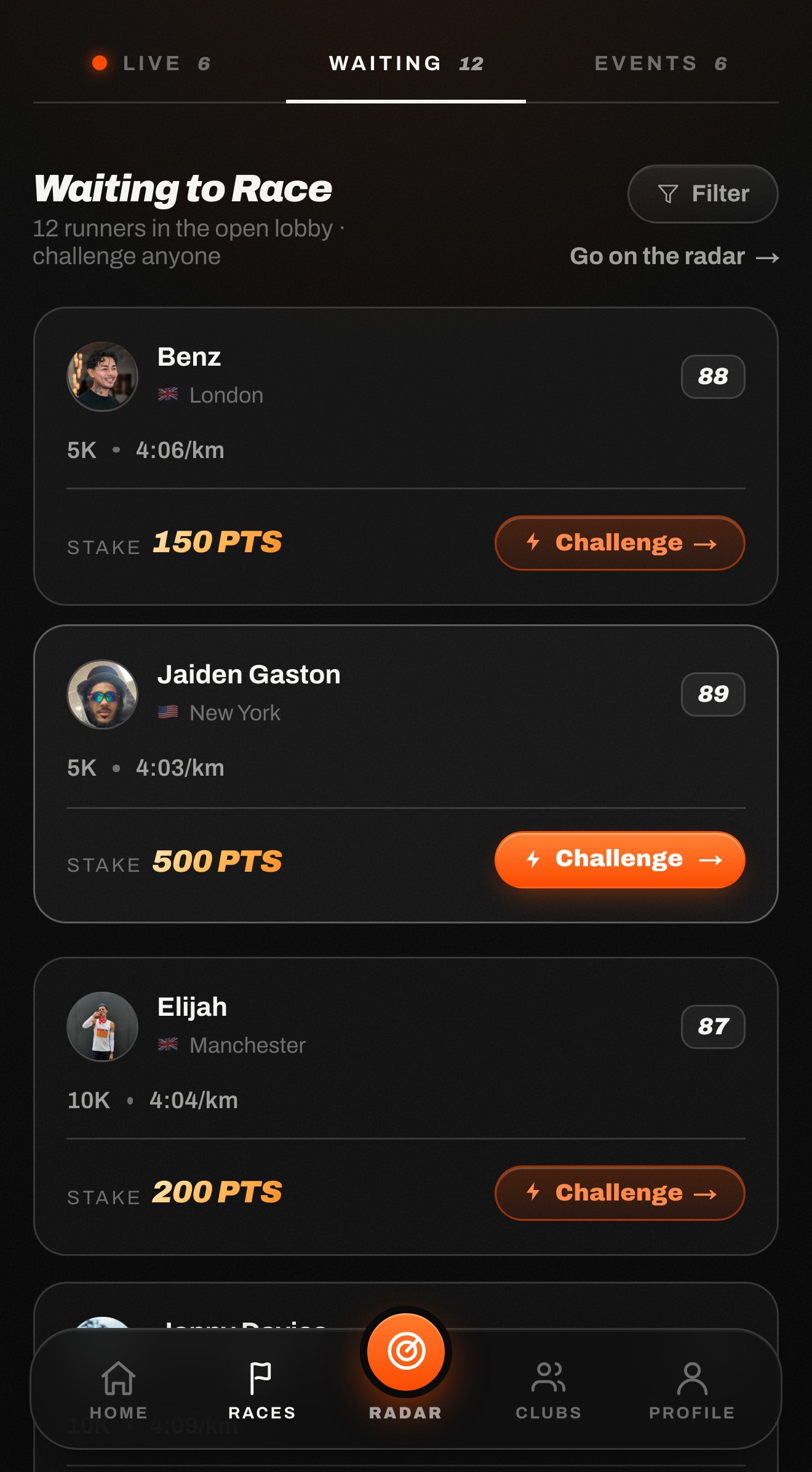 Swiftr open lobby with runners waiting to be challenged